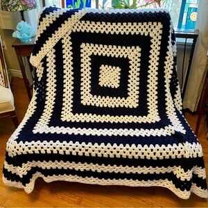 Handmade Navy and White Crochet Blanket 70”X70”
